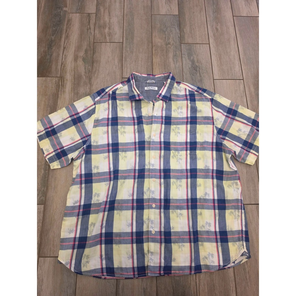 Tommy Bahama Mens 3XL Plaid Palm Tree Print Cotton Button Down Shirt BT318516